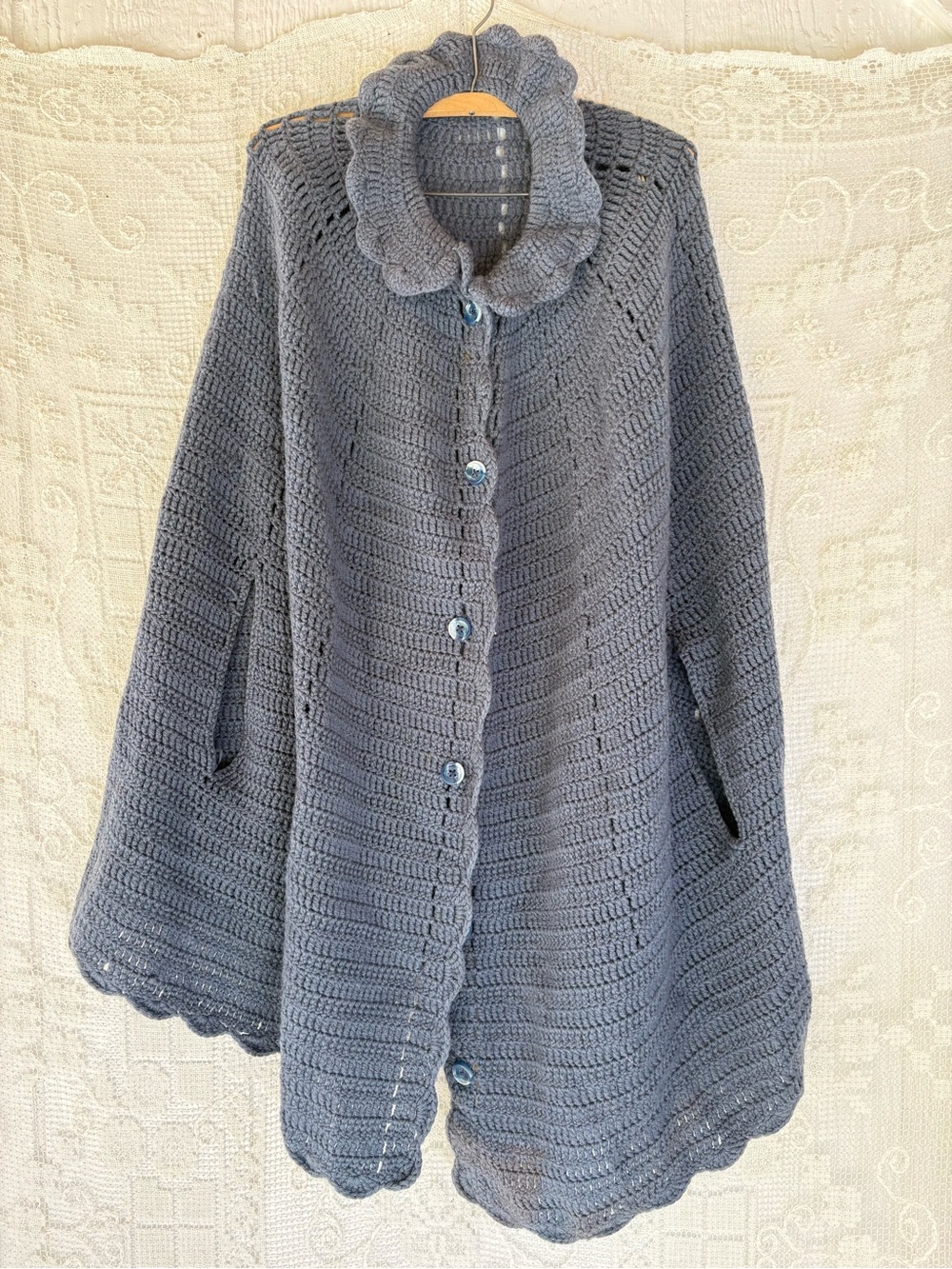 Handmade Gray/Blue Crochet Button-Up Women's Sweater Cape XL has spot on it